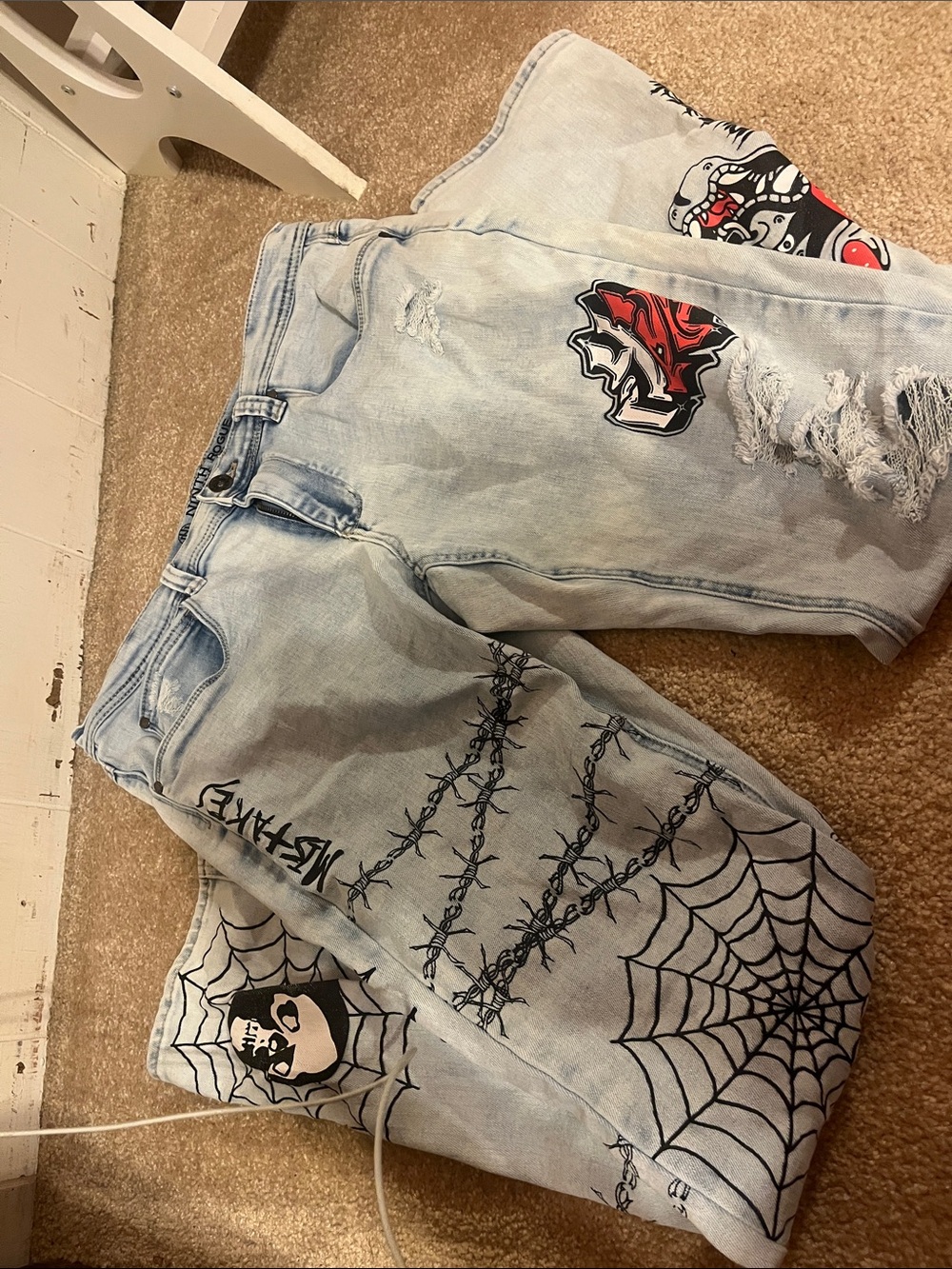 Light Blue Graphic Corduroy Pants with Spiderweb & Patch Details